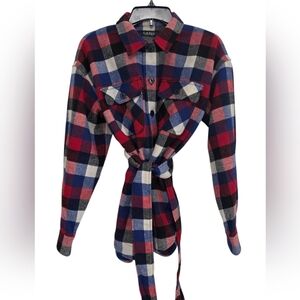 Lauren Ralph Lauren Plaid Buffalo Check Belted Twill Shirt Jacket Red Blue Large